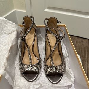 Jewel Badgley Mischka, pewter jeweled heels, worn once for wedding weekend,